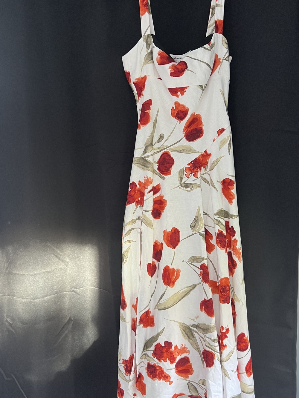 Reformation Bekki Linen Dress; White Linen Maxi Dress with Red Floral Tulips